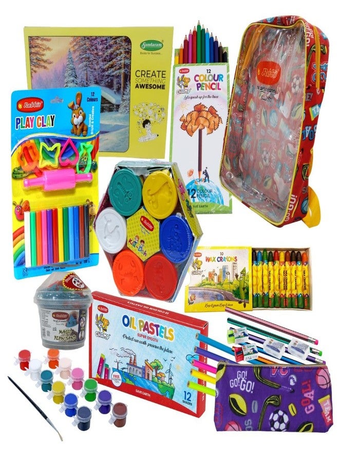 Rabbit School Play & Learn Kit for Kids | Play Dough, Oil Pastels, Wax Crayons, Color Pencils | Art & Craft Drawing Kit | Hobby Bag | DIY Kit for Kids 3 Years & Up - Image 1